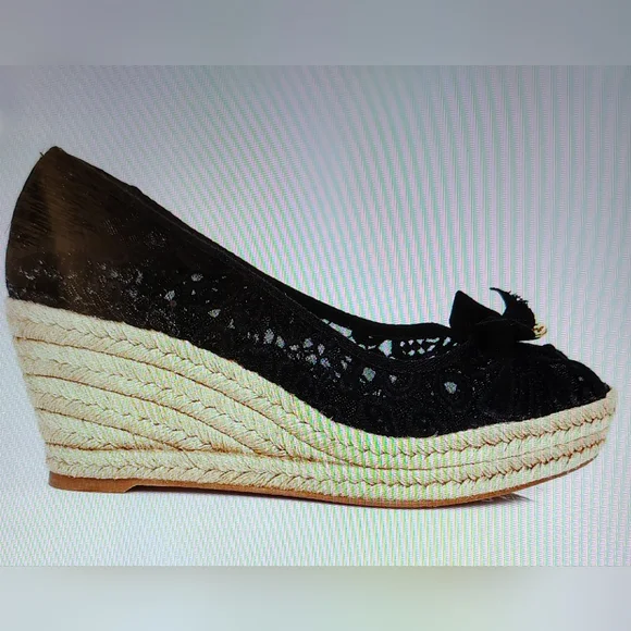 TORY BURCH JACKIE BLACK LACE CROCHET ESPADRILLE WEDGE GOLD LOGO WOMEN'S SIZE 8 - Picture 6 of 14